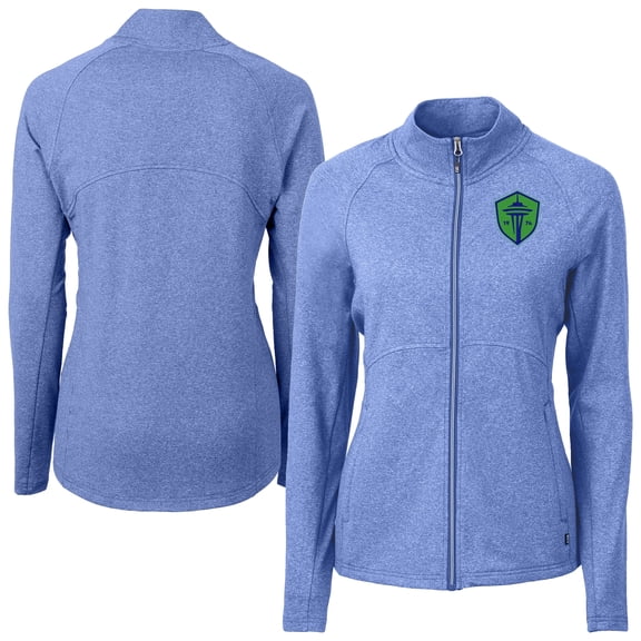 Women's-Cutter & Buck  Heather Blue Seattle Sounders FC Adapt Eco Knit Hybrid Recycled Raglan Full-Zip Jacket