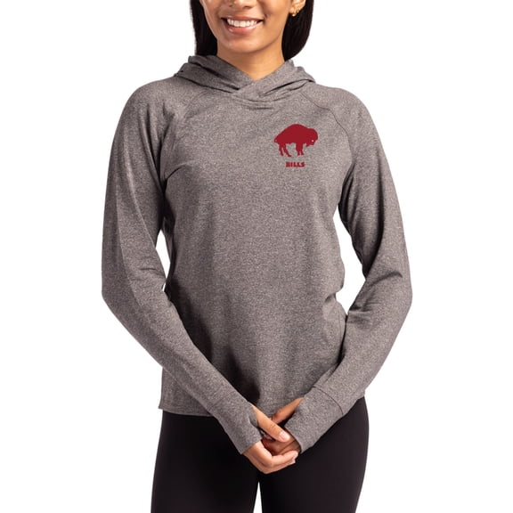 Women's Cutter & Buck Heather Charcoal Buffalo Bills Throwback Logo Adapt Knit Recycled Raglan Pullover Hoodie
