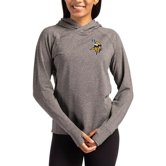 Women's Cutter & Buck Heather Charcoal Minnesota Vikings Primary Logo Adapt Knit Recycled Raglan Pullover Hoodie