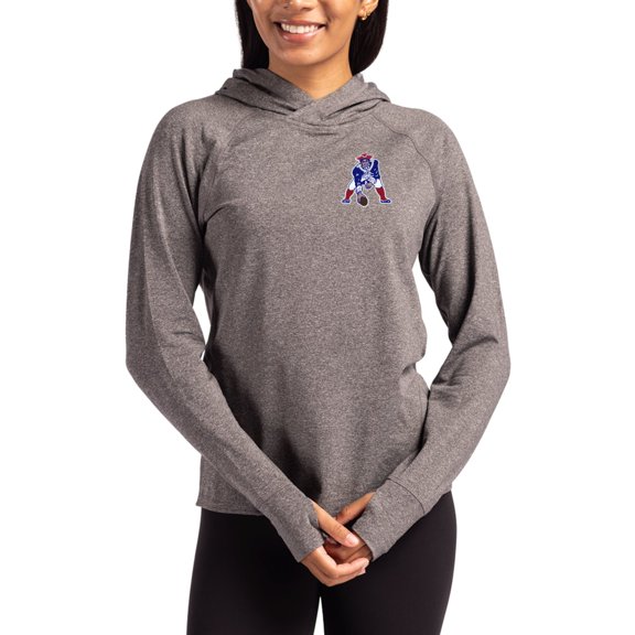 Women's Cutter & Buck Heather Charcoal New England Patriots Throwback Logo Adapt Knit Recycled Raglan Pullover Hoodie