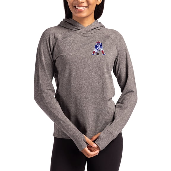 Women's Cutter & Buck Heather Charcoal New England Patriots Throwback Logo Adapt Knit Recycled Raglan Pullover Hoodie