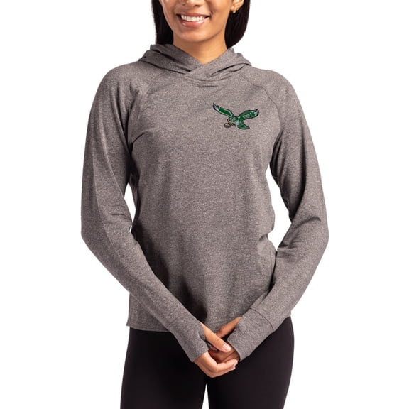 Women's Cutter & Buck Heather Charcoal Philadelphia Eagles Throwback Logo Adapt Knit Recycled Raglan Pullover Hoodie