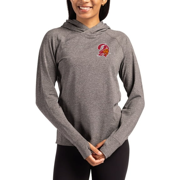 Women's Cutter & Buck Heather Charcoal Tampa Bay Buccaneers Throwback Logo Adapt Knit Recycled Raglan Pullover Hoodie