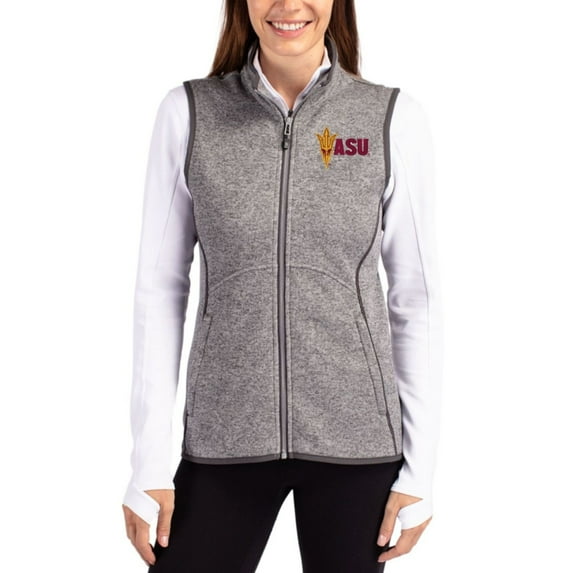 Women's Cutter & Buck Heather Gray Arizona State Sun Devils Mainsail Sweater-Knit Full-Zip Asymmetrical Vest