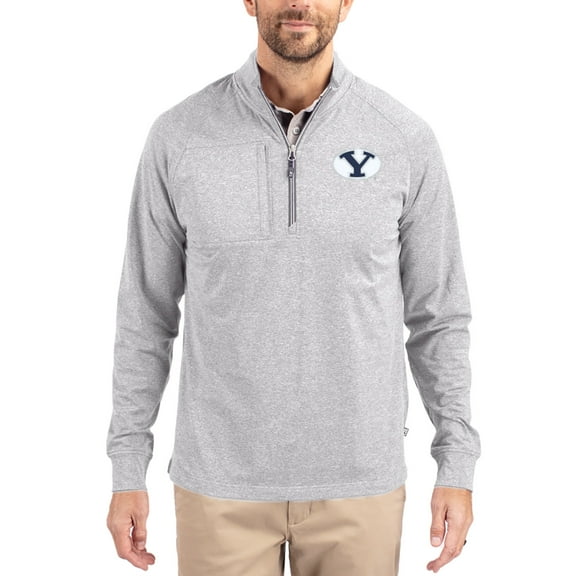 Women's-Cutter & Buck Heather Gray BYU Cougars Adapt Eco Knit Stretch Recycled DryTec Raglan Quarter-Zip Pullover