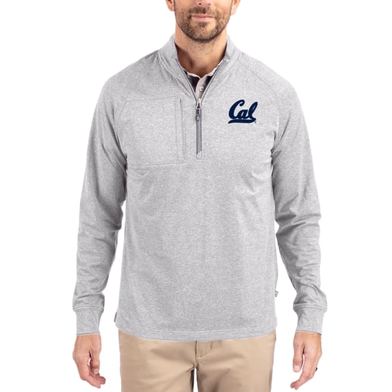 Women's-Cutter & Buck Heather Gray Cal Bears Adapt Eco Knit Stretch Recycled DryTec Raglan Quarter-Zip Pullover