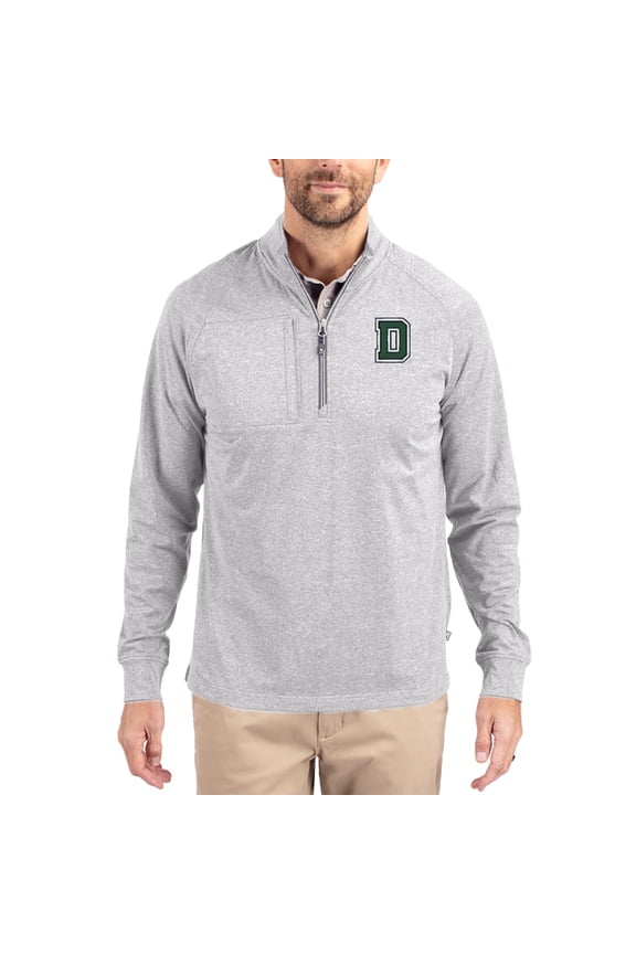 Women's-Cutter & Buck Heather Gray Dartmouth Big Green Adapt Eco Knit Stretch Recycled DryTec Raglan Quarter-Zip