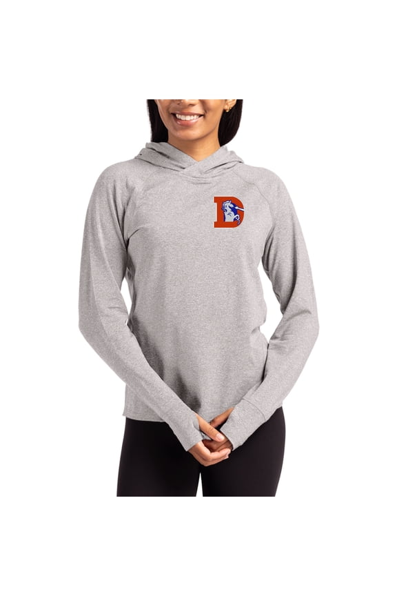 Women's Cutter & Buck Heather Gray Denver Broncos Throwback Logo Adapt Knit Recycled Raglan Pullover Hoodie