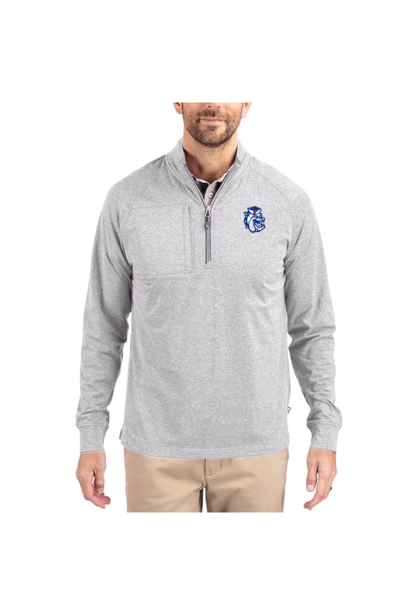 Women's-Cutter & Buck Heather Gray Fresno State Bulldogs Adapt Eco Knit Stretch Recycled DryTec Raglan Quarter-Zip