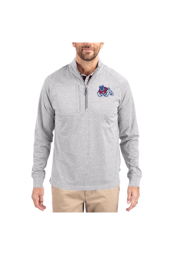 Women's-Cutter & Buck Heather Gray Fresno State Bulldogs Adapt Eco Knit Stretch Recycled DryTec Raglan Quarter-Zip