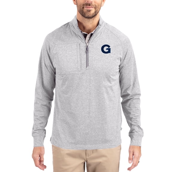 Women's-Cutter & Buck  Heather Gray Georgetown Hoyas Adapt Eco Knit Stretch Recycled DryTec Raglan Quarter-Zip Pullover