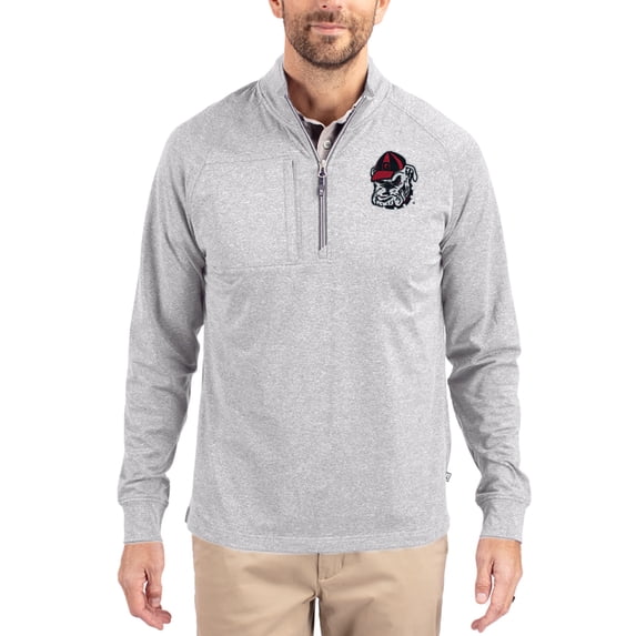 Women's-Cutter & Buck Heather Gray Georgia Bulldogs Adapt Eco Knit Stretch Recycled DryTec Raglan Quarter-Zip Pullover