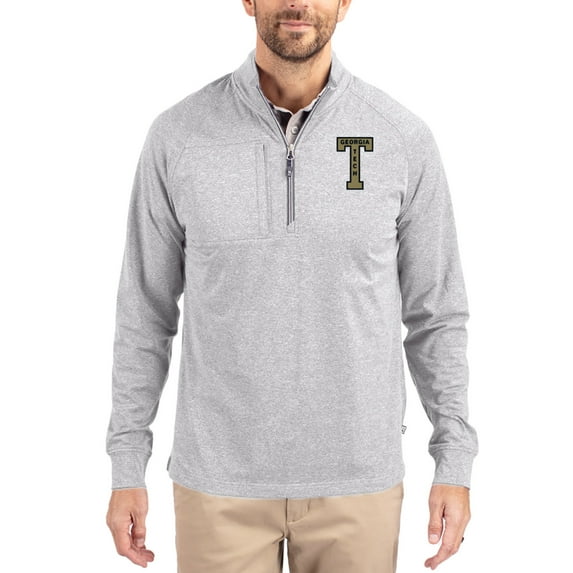 Women's-Cutter & Buck Heather Gray Georgia Tech Yellow Jackets Adapt Eco Knit Stretch Recycled DryTec Raglan