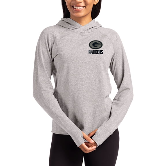 Women's Cutter & Buck Heather Gray Green Bay Packers Tonal Logo Adapt Knit Recycled Raglan Pullover Hoodie