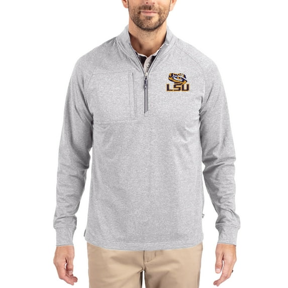 Women's-Cutter & Buck Heather Gray LSU Tigers Adapt Eco Knit Stretch Recycled DryTec Raglan Quarter-Zip Pullover