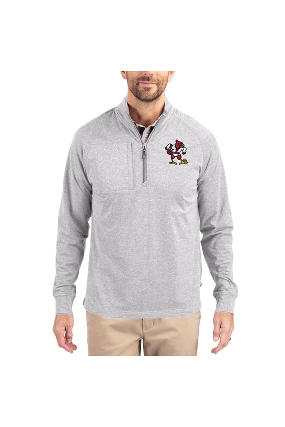 Women's-Cutter & Buck Heather Gray Louisville Cardinals Adapt Eco Knit Stretch Recycled DryTec Raglan Quarter-Zip