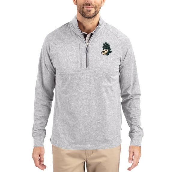Women's-Cutter & Buck Heather Gray Michigan State Spartans Adapt Eco Knit Stretch Recycled DryTec Raglan Quarter-Zip
