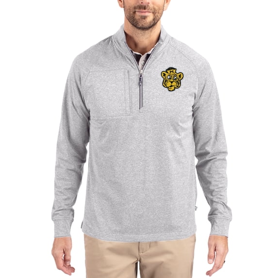 Women's-Cutter & Buck Heather Gray Missouri Tigers Adapt Eco Knit Stretch Recycled DryTec Raglan Quarter-Zip Pullover