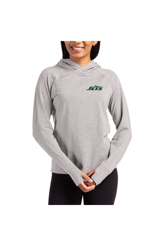 Women's Cutter & Buck Heather Gray New York Jets Primary Logo Adapt Knit Recycled Raglan Pullover Hoodie
