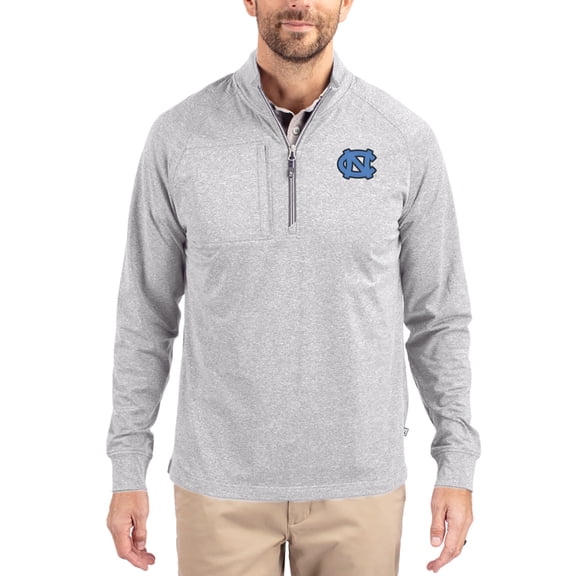 Women's-Cutter & Buck Heather Gray North Carolina Tar Heels Adapt Eco Knit Stretch Recycled DryTec Raglan Quarter-Zip