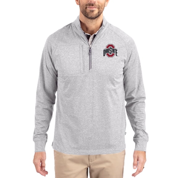 Women's-Cutter & Buck  Heather Gray Ohio State Buckeyes Adapt Eco Knit Stretch Recycled DryTec Raglan Quarter-Zip