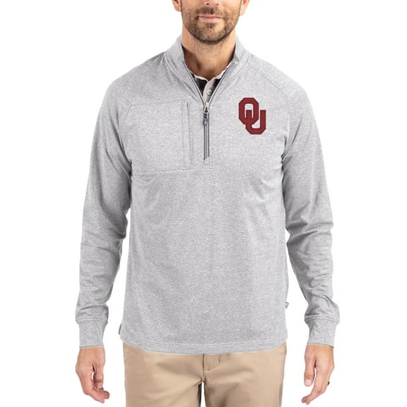 Women's-Cutter & Buck  Heather Gray Oklahoma Sooners Adapt Eco Knit Stretch Recycled DryTec Raglan Quarter-Zip Pullover