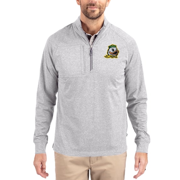 Women's-Cutter & Buck Heather Gray Oregon Ducks Adapt Eco Knit Stretch Recycled DryTec Raglan Quarter-Zip Pullover