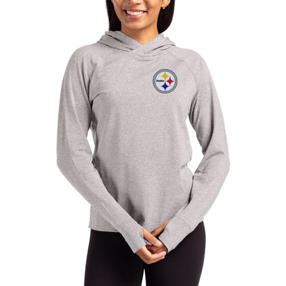 Women's Cutter & Buck Heather Gray Pittsburgh Steelers Primary Logo Adapt Knit Recycled Raglan Pullover Hoodie