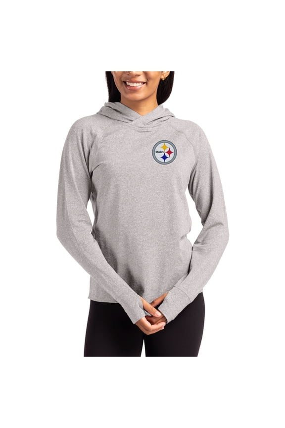 Women's Cutter & Buck Heather Gray Pittsburgh Steelers Primary Logo Adapt Knit Recycled Raglan Pullover Hoodie