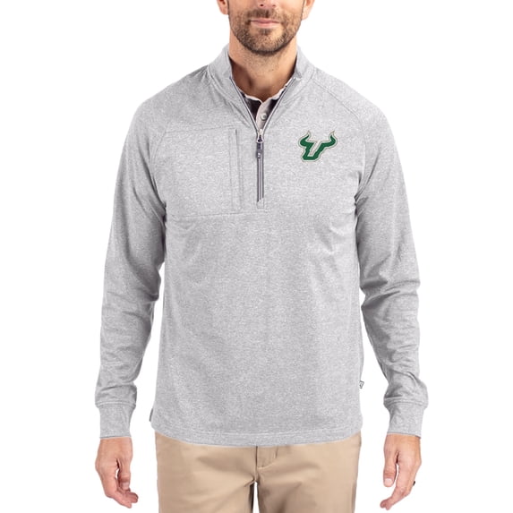 Women's-Cutter & Buck Heather Gray South Florida Bulls Adapt Eco Knit Stretch Recycled DryTec Raglan Quarter-Zip