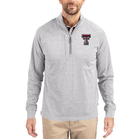Women's-Cutter & Buck Heather Gray Texas Tech Red Raiders Adapt Eco Knit Stretch Recycled DryTec Raglan Quarter-Zip
