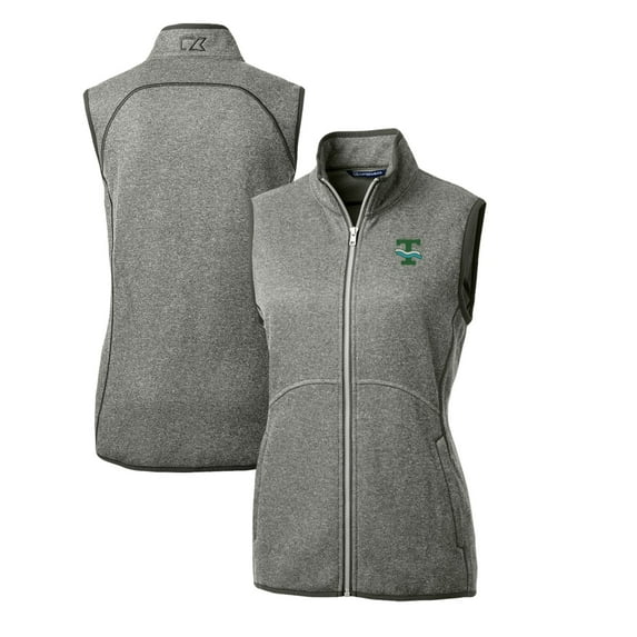 Women's Cutter & Buck Heather Gray Tulane Green Wave Mainsail Basic Sweater-Knit Full-Zip Vest