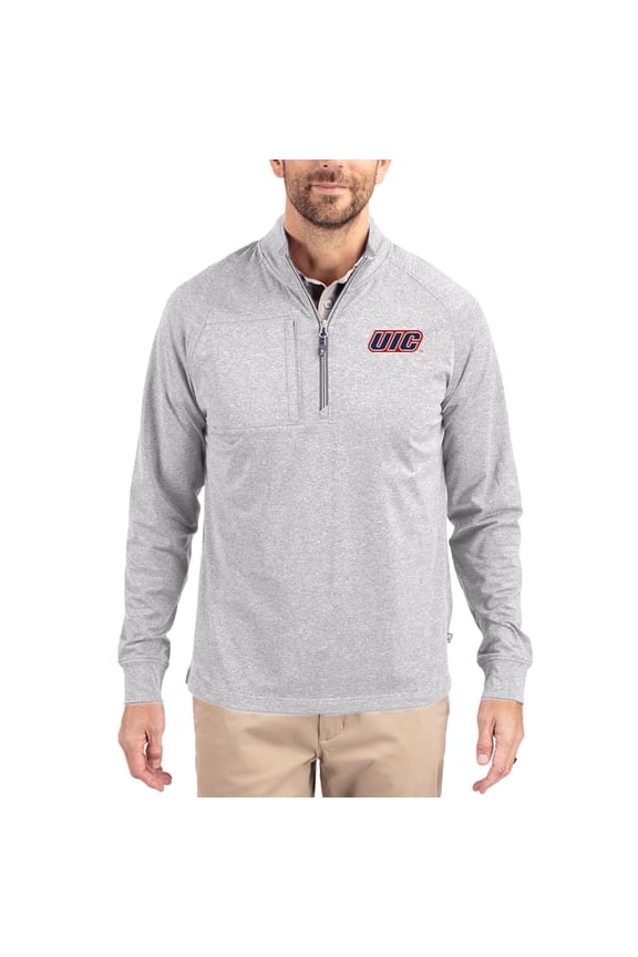 Women's-Cutter & Buck  Heather Gray UIC Flames Adapt Eco Knit Stretch Recycled DryTec Raglan Quarter-Zip Pullover