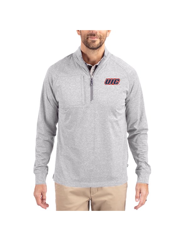 Women's-Cutter & Buck Heather Gray UIC Flames Adapt Eco Knit Stretch Recycled DryTec Raglan Quarter-Zip Pullover