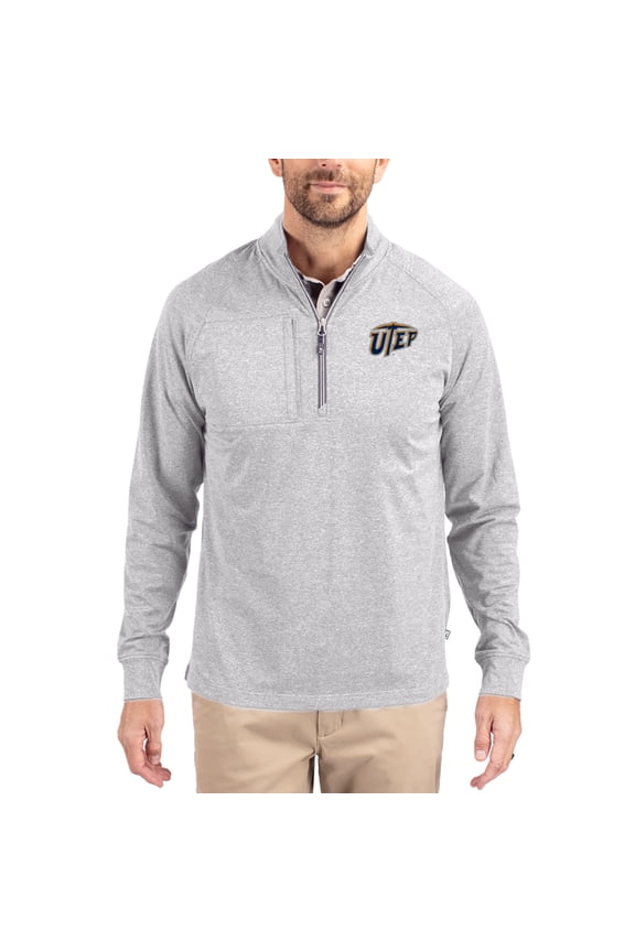 Women's-Cutter & Buck  Heather Gray UTEP Miners Adapt Eco Knit Stretch Recycled DryTec Raglan Quarter-Zip Pullover
