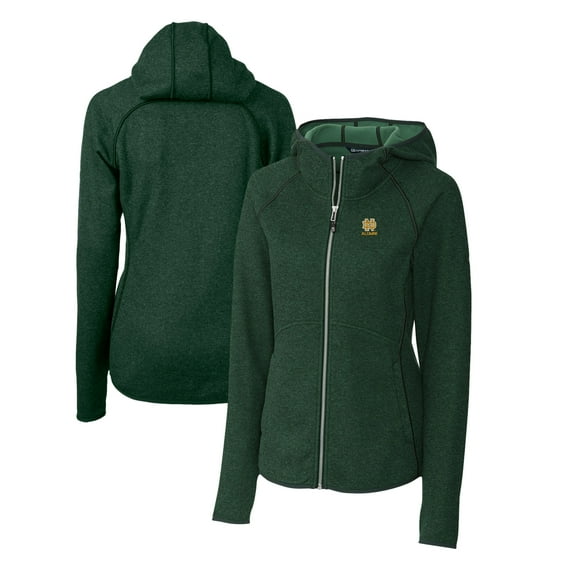 Women's Cutter & Buck  Heather Green Notre Dame Fighting Irish Alumni Mainsail Sweater-Knit Full-Zip Hoodie