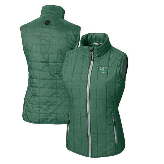 Women's Cutter & Buck Heather Green Tulane Green Wave Vault Rainier PrimaLoft Eco Full-Zip Puffer Vest