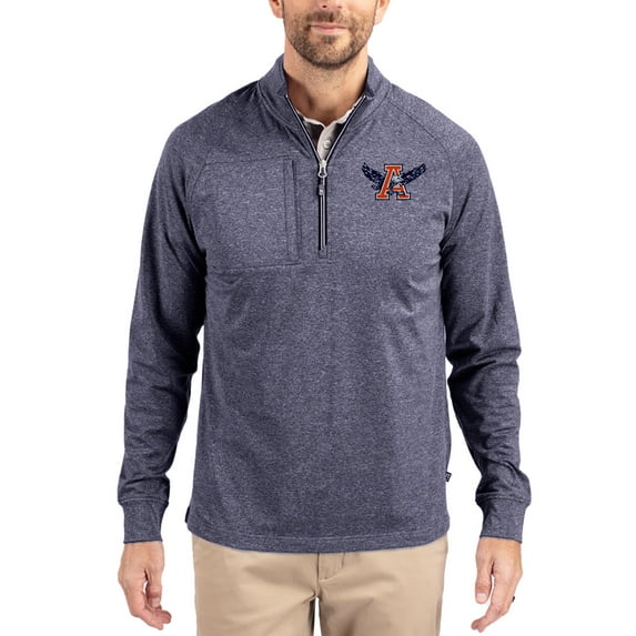 Women's-Cutter & Buck Heather Navy Auburn Tigers Adapt Eco Knit Stretch Recycled DryTec Raglan Quarter-Zip Pullover