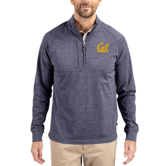 Women's-Cutter & Buck Heather Navy Cal Bears Adapt Eco Knit Stretch Recycled DryTec Raglan Quarter-Zip Pullover
