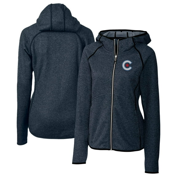 Women's Cutter & Buck Heather Navy Chicago Cubs City Connect Mainsail Full-Zip Hooded Jacket