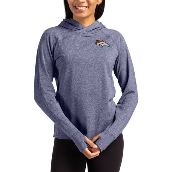 Women's Cutter & Buck Heather Navy Denver Broncos Primary Logo Adapt Knit Recycled Raglan Pullover Hoodie