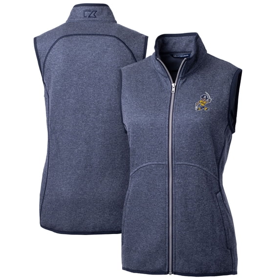 Women's Cutter & Buck Heather Navy ETSU Buccaneers Mainsail Sweater-Knit Full-Zip Vest