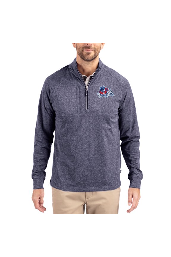 Women's-Cutter & Buck Heather Navy Fresno State Bulldogs Adapt Eco Knit Stretch Recycled DryTec Raglan Quarter-Zip