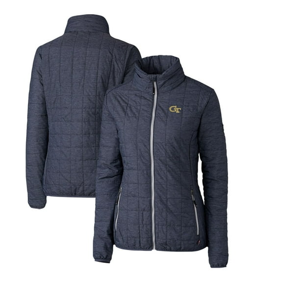 Women's Cutter & Buck Heather Navy GA Tech Yellow Jackets Rainier Eco Insulated Puffer Full-Zip Jacket