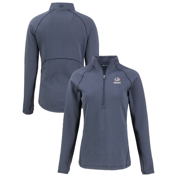 Women's Cutter & Buck Heather Navy Green Bay Packers Americana Peshastin Eco Fleece Recycled Tri-Blend Raglan Half-Zip