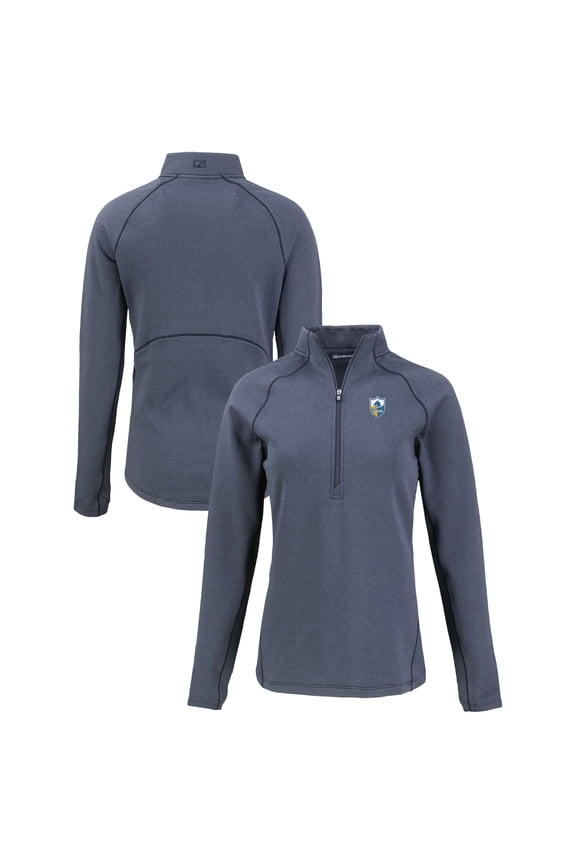 Women's Cutter & Buck Heather Navy Los Angeles Chargers  Peshastin Eco Fleece Recycled Tri-Blend Raglan Half-Zip Jacket