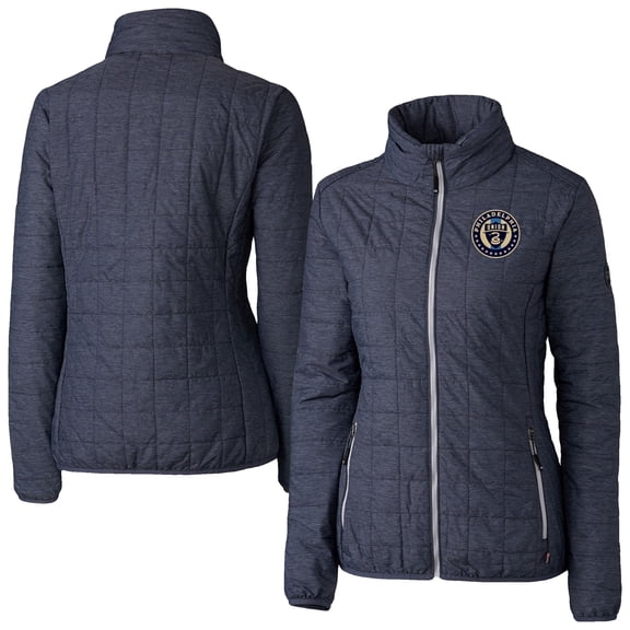 Women's-Cutter & Buck  Heather Navy Philadelphia Union Rainier PrimaLoft Eco Insulated Full-Zip Printed Puffer Jacket
