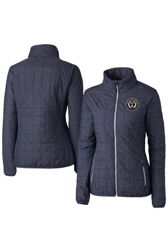 Women's-Cutter & Buck  Heather Navy Philadelphia Union Rainier PrimaLoft Eco Insulated Full-Zip Printed Puffer Jacket