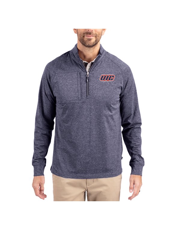 Women's-Cutter & Buck Heather Navy UIC Flames Adapt Eco Knit Stretch Recycled DryTec Raglan Quarter-Zip Pullover