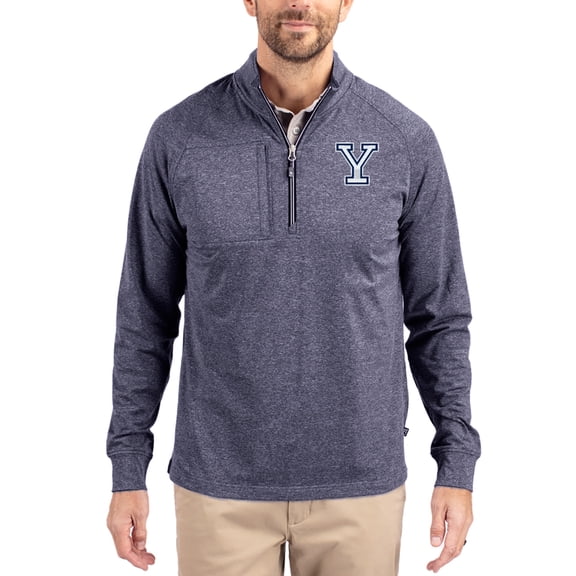 Women's-Cutter & Buck Heather Navy Yale Bulldogs Adapt Eco Knit Stretch Recycled DryTec Raglan Quarter-Zip Pullover